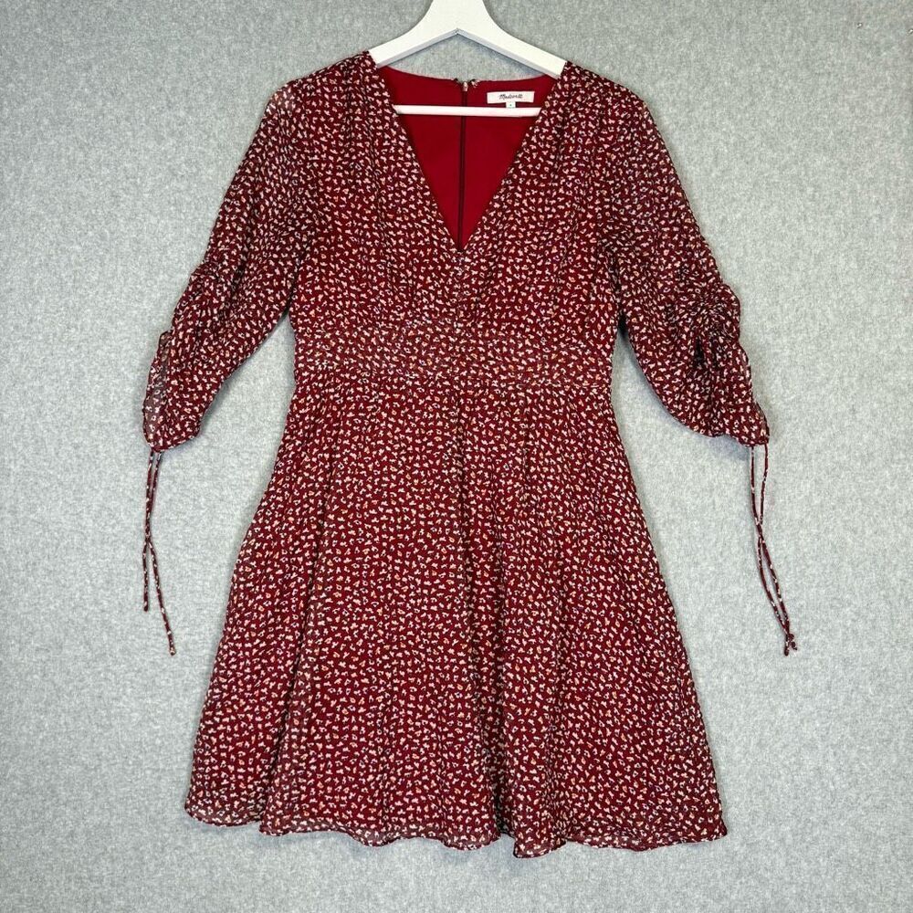 Madewell Women's Size 4 Red Floral 3/4 Sleeve A Line BOHO Mini Dress Cottage